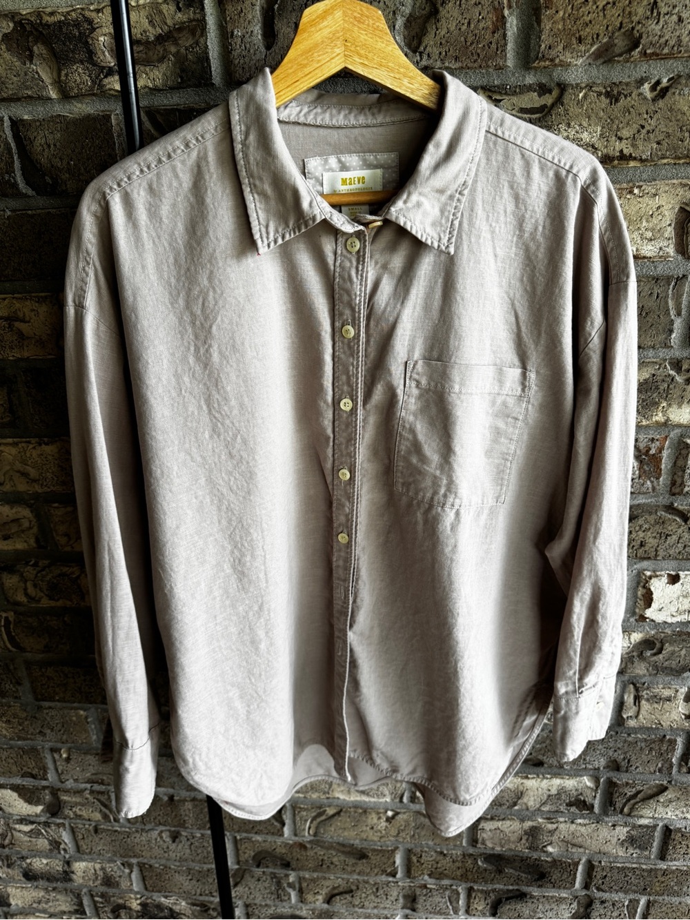 Maeve Bennett Button Down Linen Shirt Womens S Tan Long Sleeve Side Slits - Picture 12 of 12